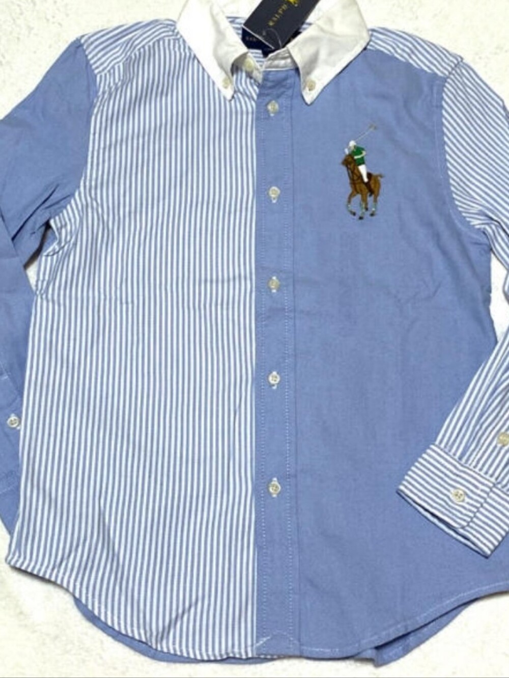 Polo by Ralph Lauren Blue and White Striped Mixed-Panel Button-Down Shirt